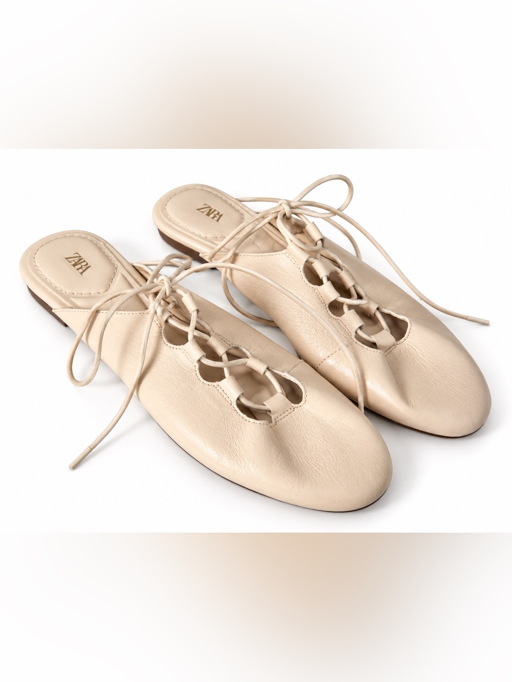 ZARA Cream Lace-Up Leather Slip-On Mules